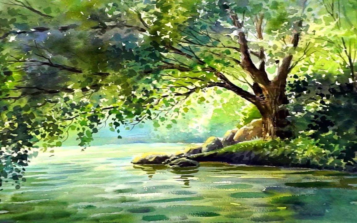 湖上的树水彩风景画