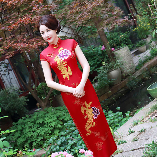 高端长款修身改良红色凤凰旗袍(货号 xyg1731)