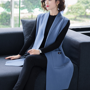 马夹外套女针织开衫春秋新款中长款坎肩背心大码宽松显瘦气质马甲