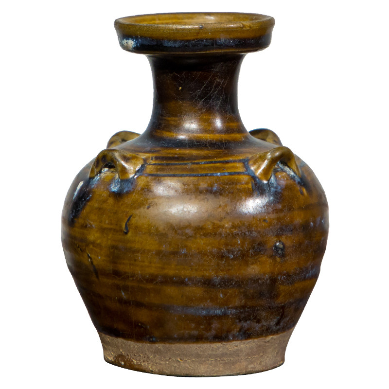 明代酱釉盘口四系瓶物件文玩古董瓷器收藏客厅摆件