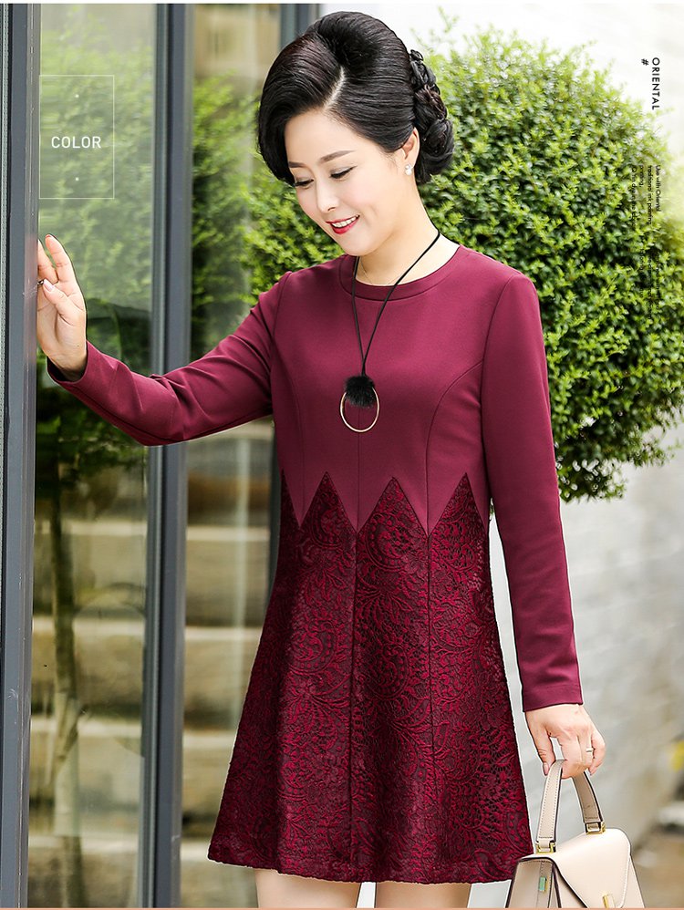 【早秋新品】福玛玛2018秋新款妈妈装中老年女装休闲蕾丝显瘦高腰a字
