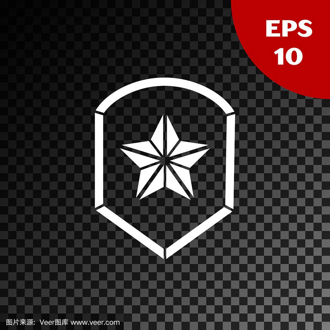 白色警徽图标孤立在透明的黑色背景.警长徽章标志.有星星标志的盾牌.