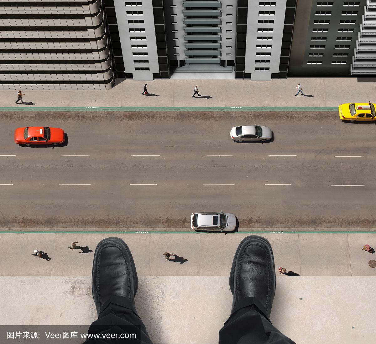 一个人站在高楼的边缘往下看