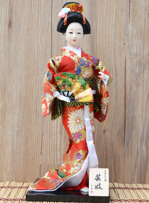 日本艺人偶12寸人形手工绢人和服娃娃木偶工艺品日料店装饰摆件 红色