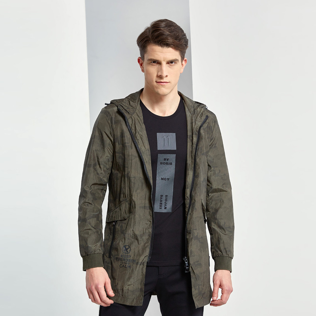 杰克斯男装春季中长款迷彩时尚休闲百搭外套男士夹克男