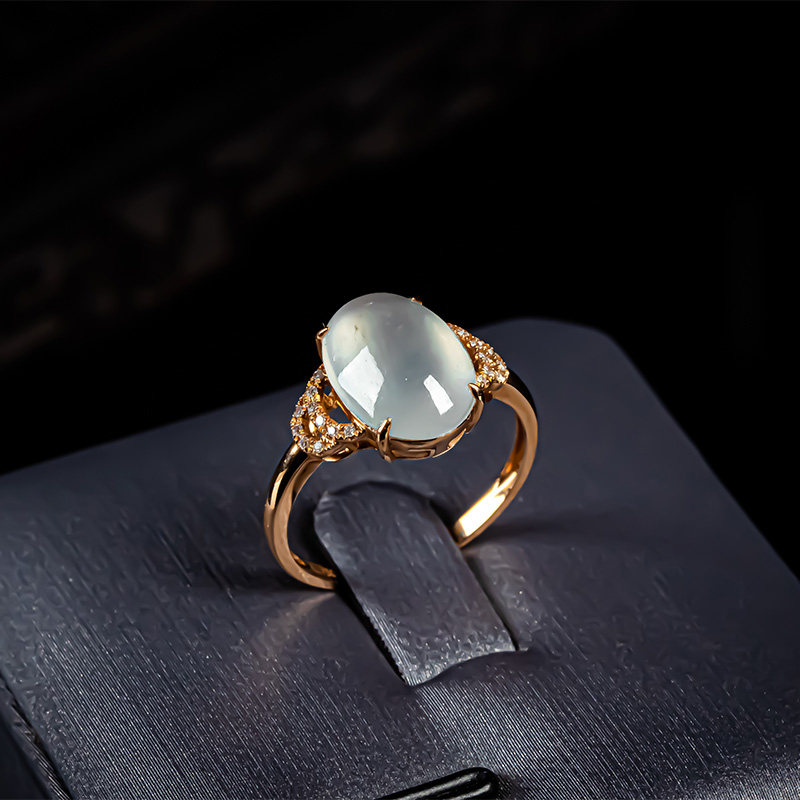 天然a货翡翠戒指冰种戒面蛋面裸石18k金镶嵌女款玉石戒指戒面