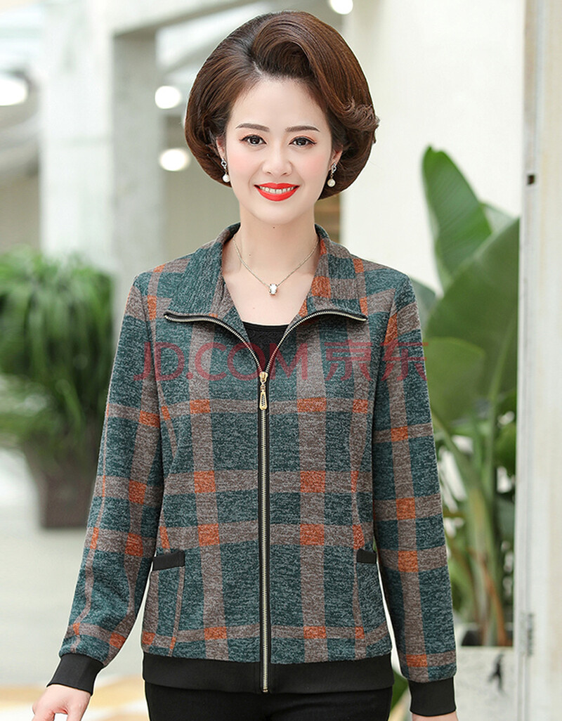 妈妈秋装外套40岁50洋气中年女装春秋长袖翻克2020新款女上衣 绿色