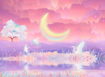 夜晚粉色的森林里,一轮月亮发出淡淡光彩超现实插画背景