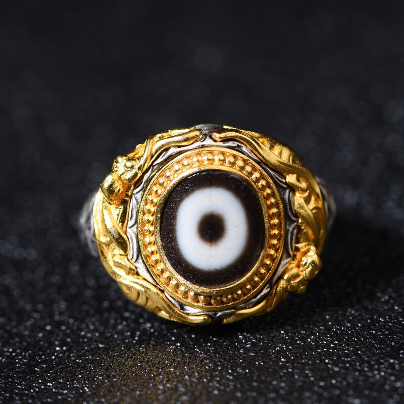 茂然西藏一眼天珠戒指s925银镶嵌素银镀金男款首饰