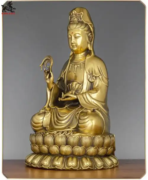 纯铜观音佛像家用坐莲观音菩萨像佛堂观世音家居摆件工艺品经典款大号