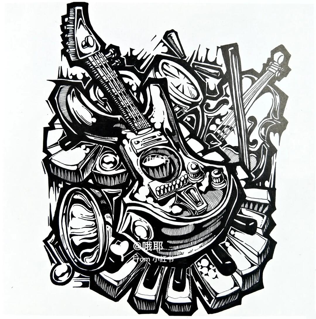 吉他黑白插画/黑白装饰画/艺术考研/创意设