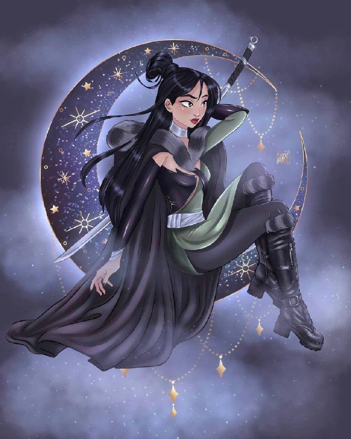 坐在月亮上的迪士尼公主,艾莎女王闪闪发光,茉莉公主已黑化