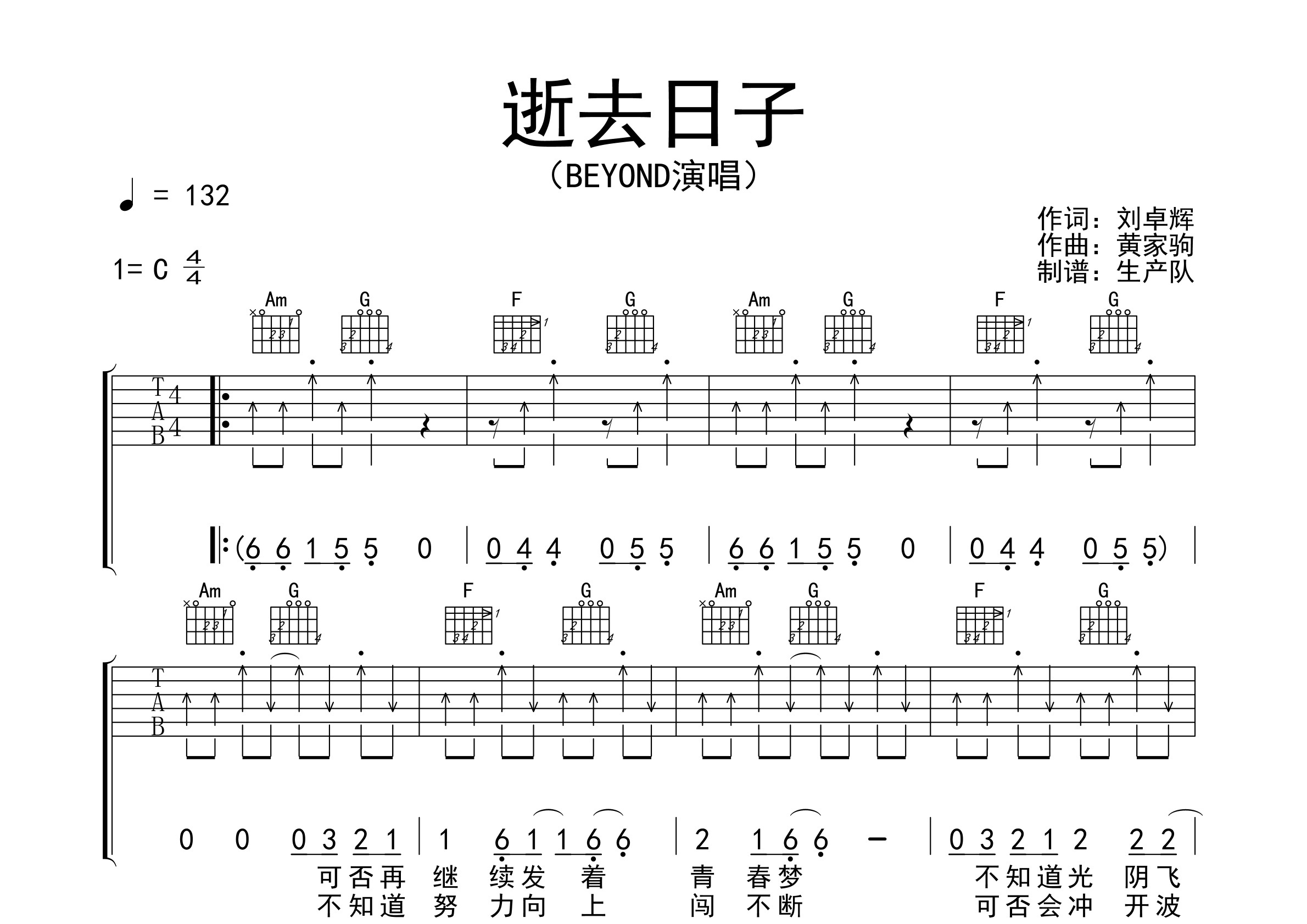逝去日子(纯吉他版)【粤语经典】吉他谱(图片谱,弹唱,原版,切音)