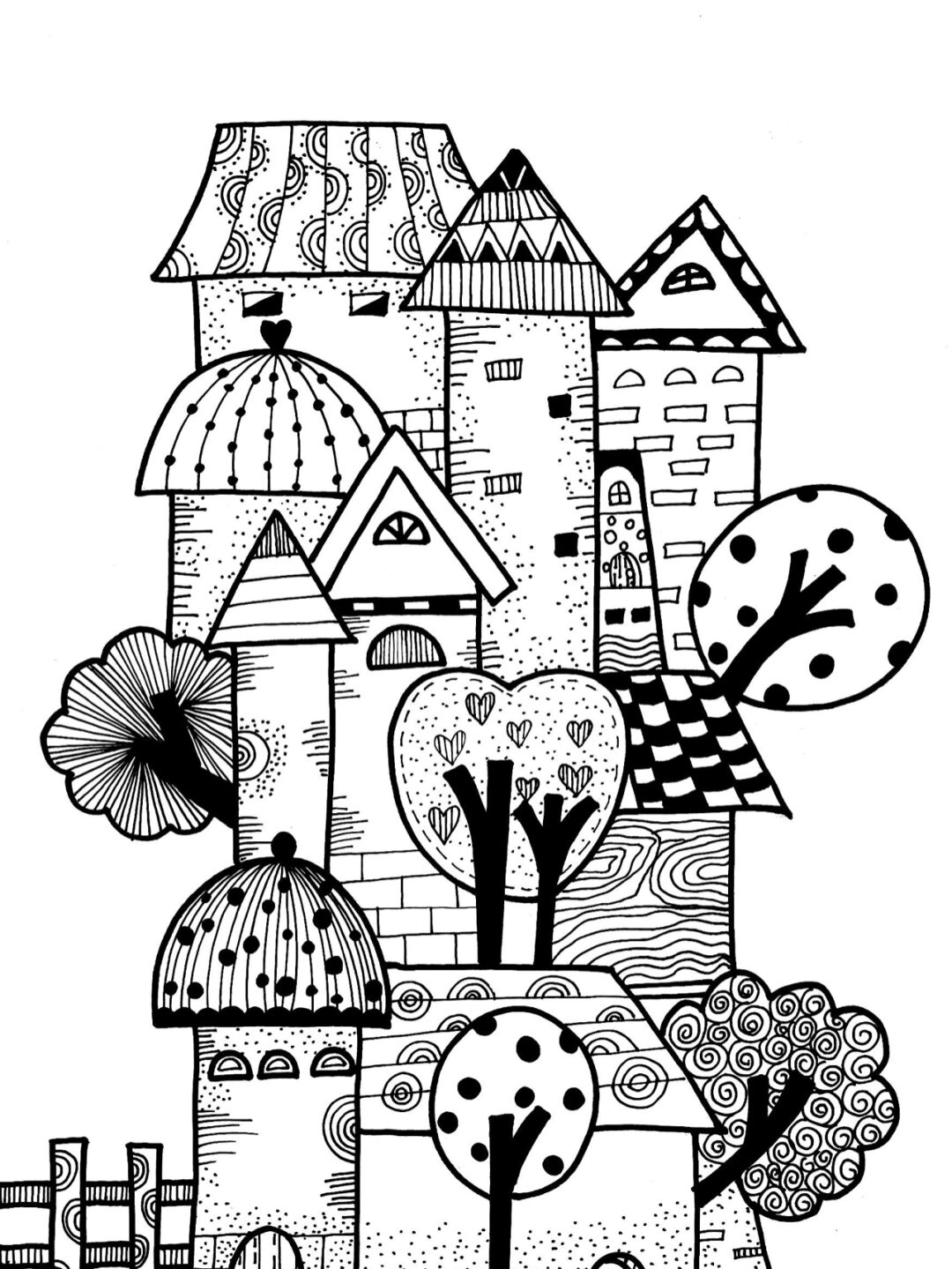 儿童黑白线描房子/树 黑白线描绘画 材料:素描纸,勾线笔 #绘画# #黑白