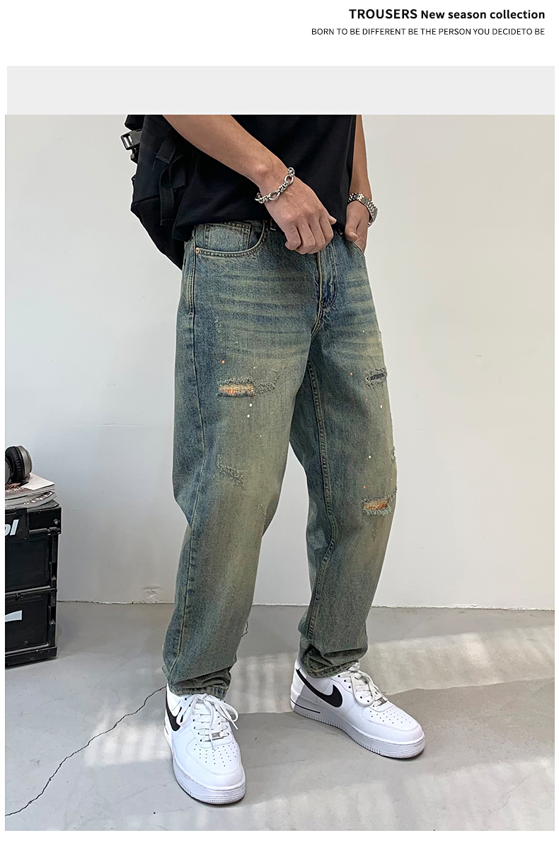 实拍泼漆破洞牛仔裤男新款潮牌复古色做旧宽松百搭高端牛仔裤 - 17网