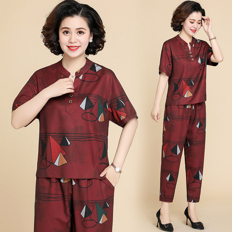 中老夏季两件件套时尚休闲套装现代印花妈妈装加中老年女装