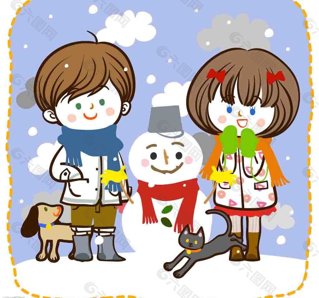 堆雪人的男孩女孩图片