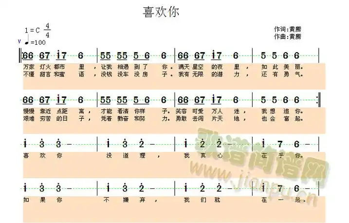 喜欢你 黄腾 歌谱简谱网