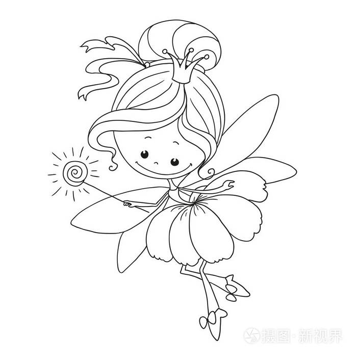 插画 可爱的仙女性格.花仙子字符为着色页.在白色背景上隔离的向量.