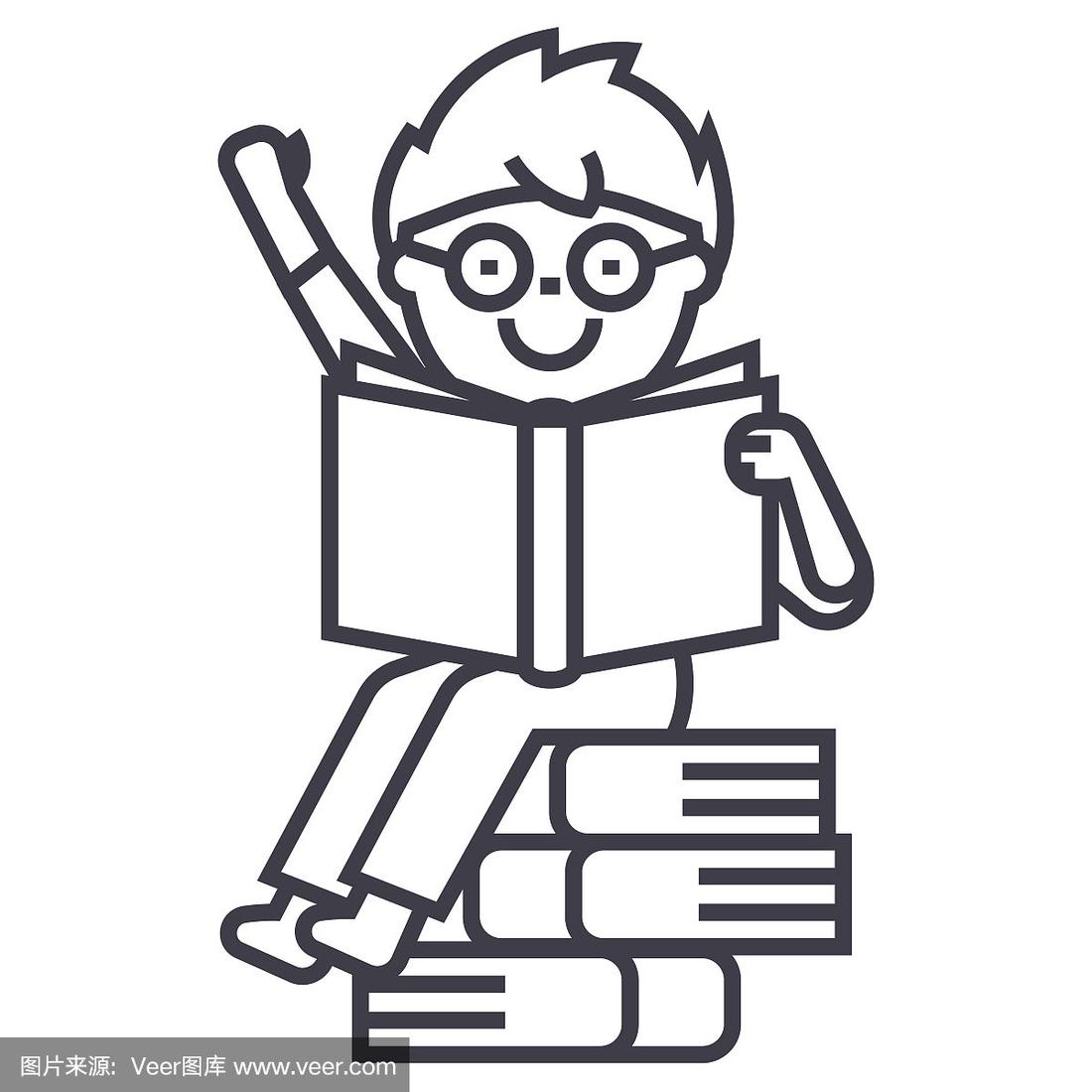 坐着的男孩读着书向量线图标,标志,背景插图,可编辑的笔画
