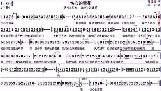 笑天演唱《伤心的雪花》的动态有声简谱