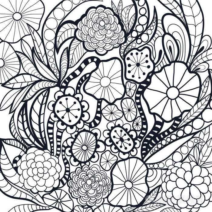 黑白涂鸦花进行着色.抗压力页面.手画花纹,装饰花