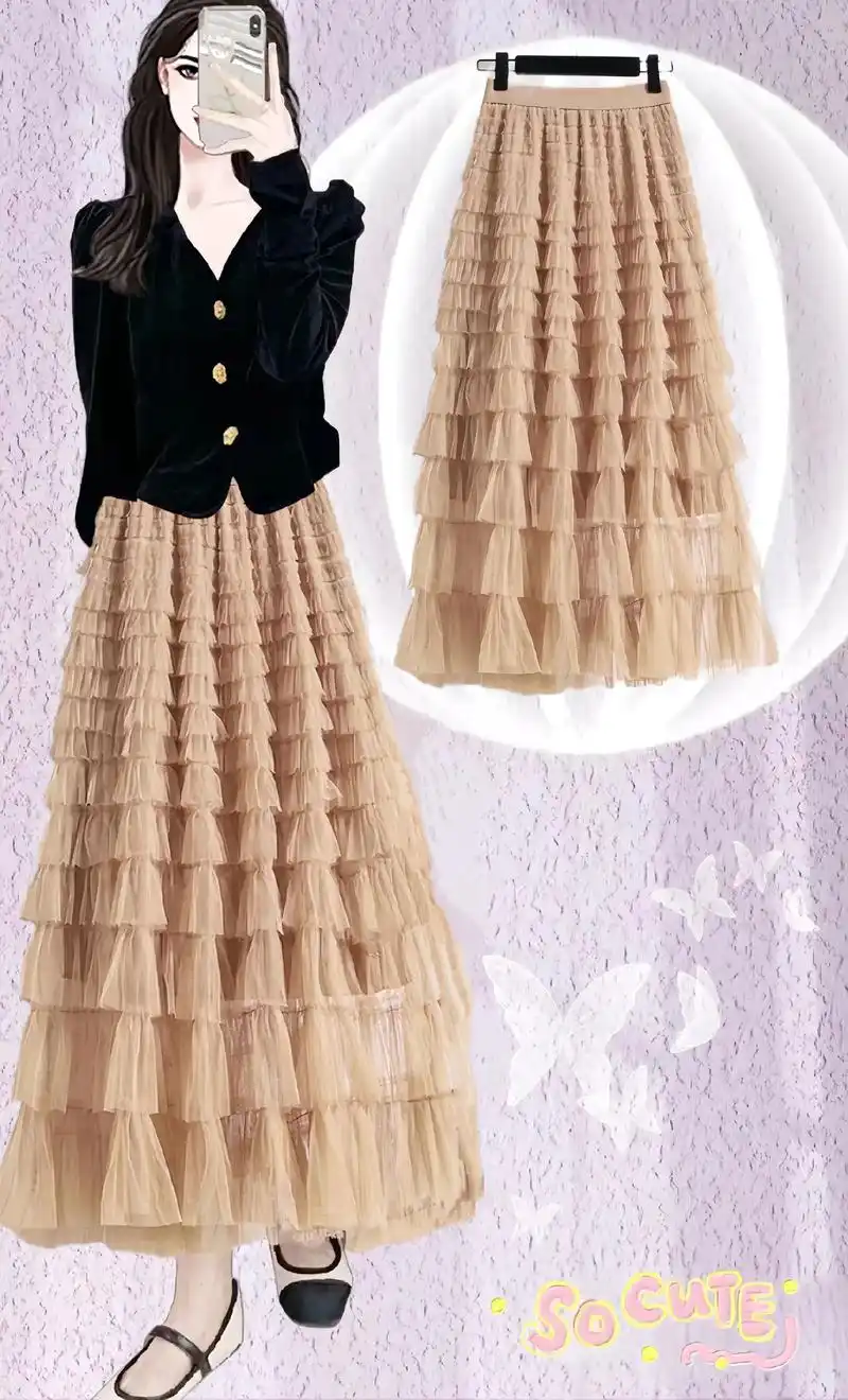 多层重工网纱蛋糕裙超长款仙气小众a字大摆长裙纱裙#做个美美的 - 抖