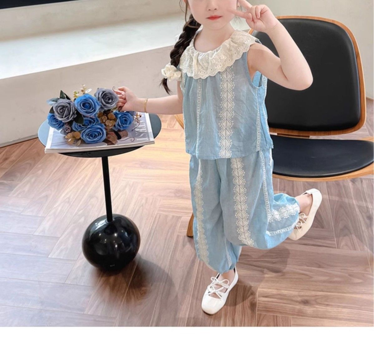 女童夏季套装新款儿童小清新洋气小女孩娃娃领上衣两件套 - 17网