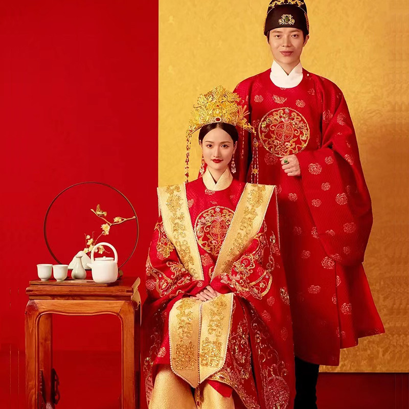 汉服婚服明制凤冠霞帔2022年新款小个子花嫁情侣套装中式结婚礼服