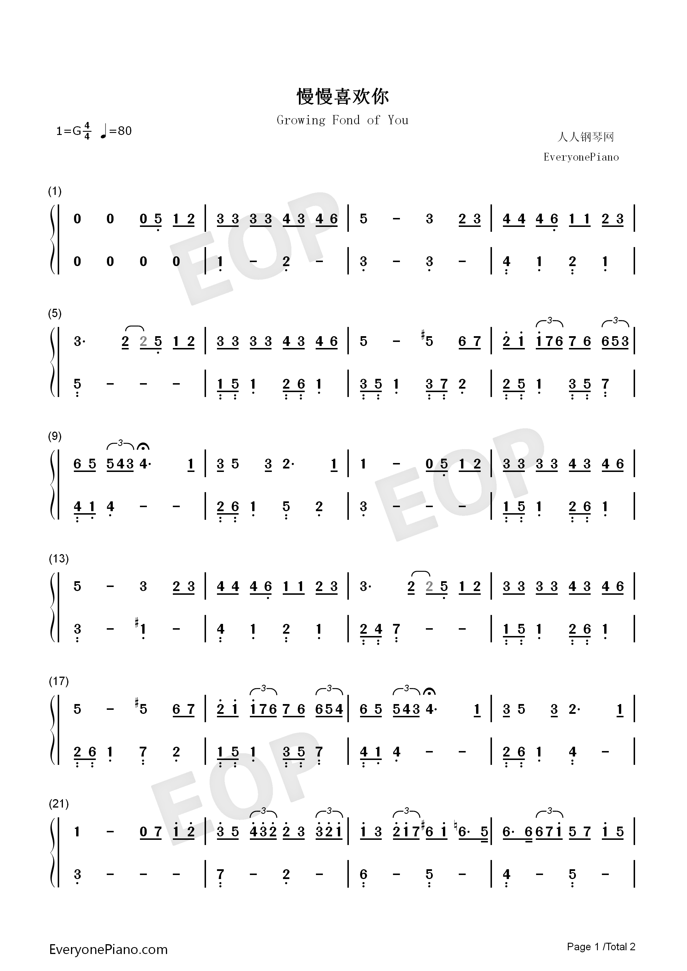 慢慢喜欢你-超级简单版双手简谱预览1-钢琴谱文件(五线谱,双手简谱