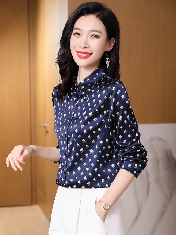 正宗长袖真丝衬衫女装2022春秋新款重磅弹力缎100桑蚕丝上衣高档