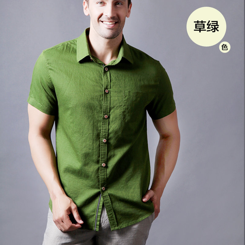 【衬衫男墨绿色xxxl图片】berges男装新款短袖衬衫棉麻夏季纯色方领