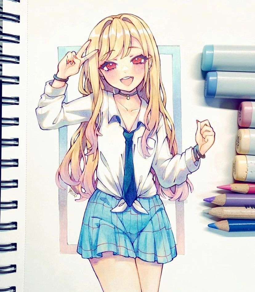 马克笔手绘素材 可爱的校园女孩  画师 yoaihime 相对于ibu chuan 她