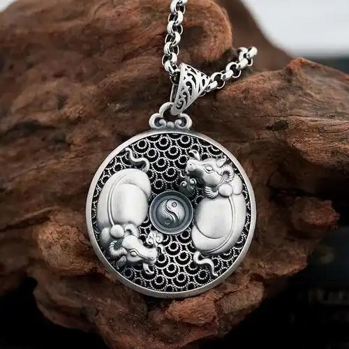 仙柳记银制作的双牛呈太极图案吊坠牛年生肖牛转乾坤银饰挂件男女单