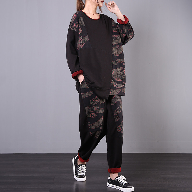 2020春装新款韩版宽松大码文艺复古印花哈伦裤套装女休闲两件套