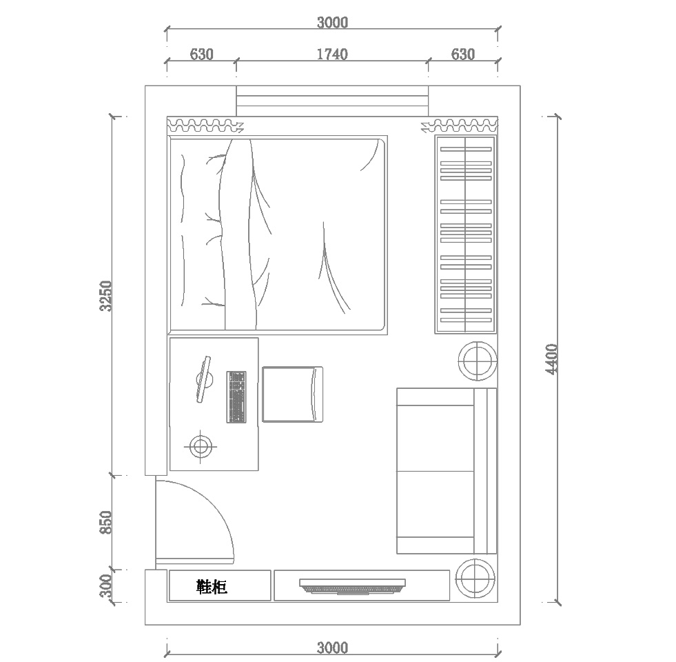 6衣柜,1.2*0.8电脑桌(画宽了),1.5*0.9沙发床,两侧有落地灯,1*0.