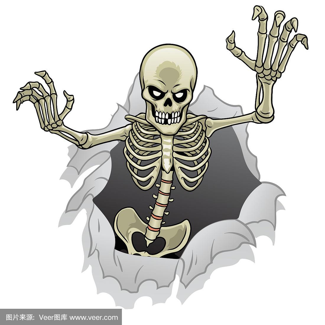 卡通骷髅人物从破纸洞里出来