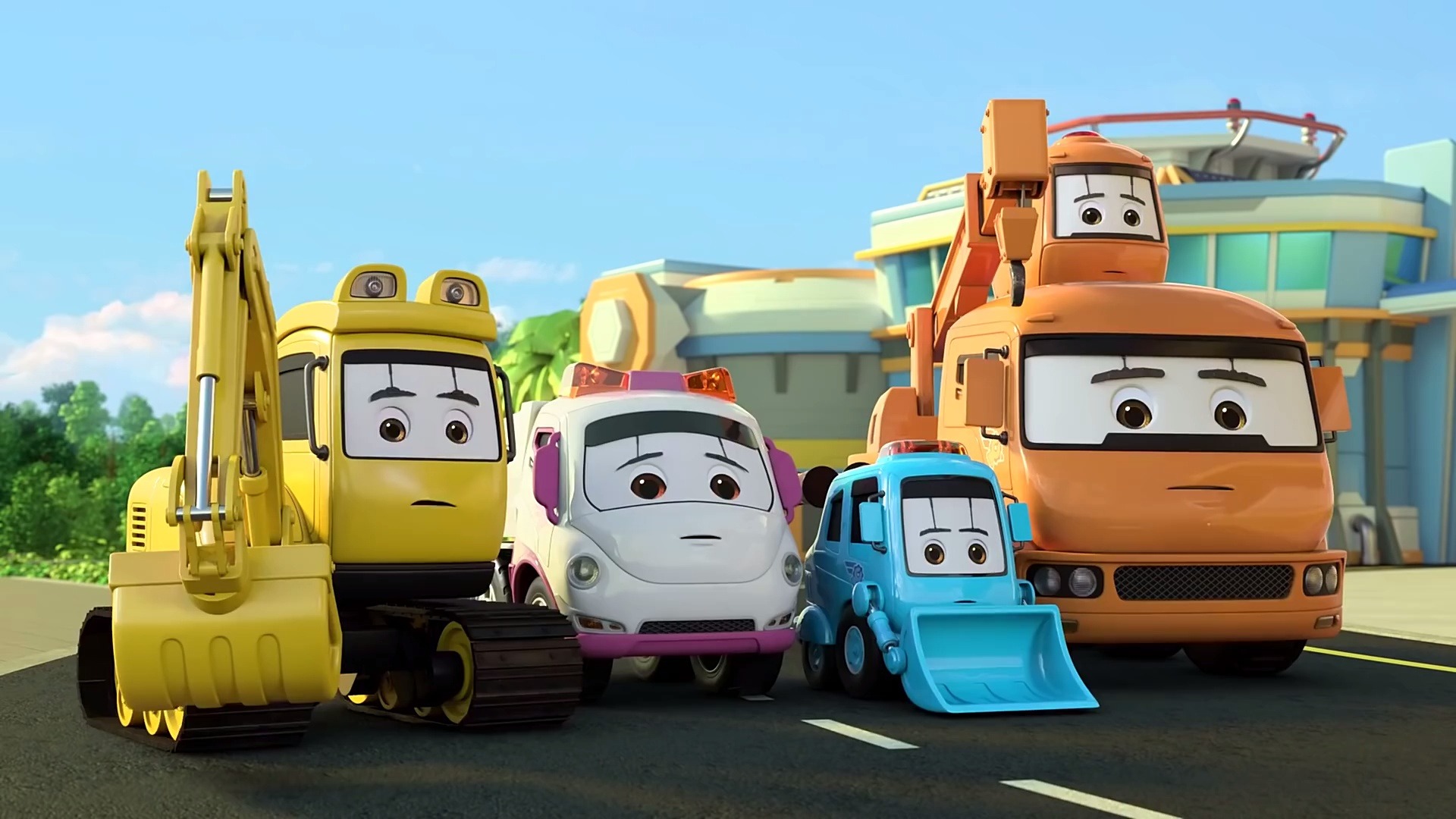 超级工程车卡通动画7-9集 超级工程车一起修马路 水泥车和推土车盖