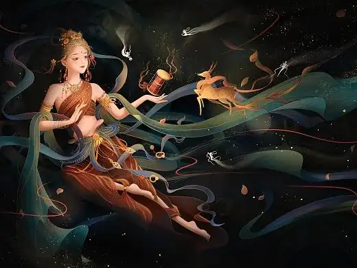 原创飞天手绘敦煌岩彩场景插画