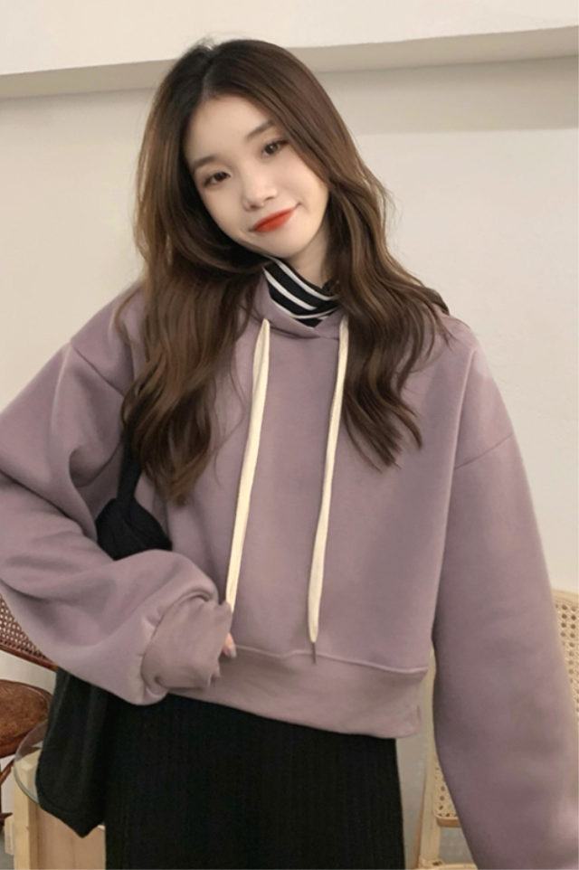 紫色短款连帽卫衣女秋冬季加绒加厚2021新款爆款小个子上衣潮